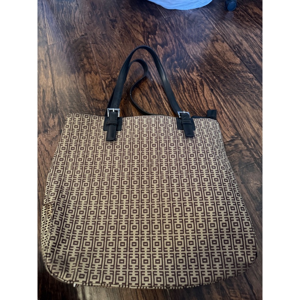 Vintage Brown Monogram Geometric Tote Bag Nylon Shoulder Bag with Buckle Straps